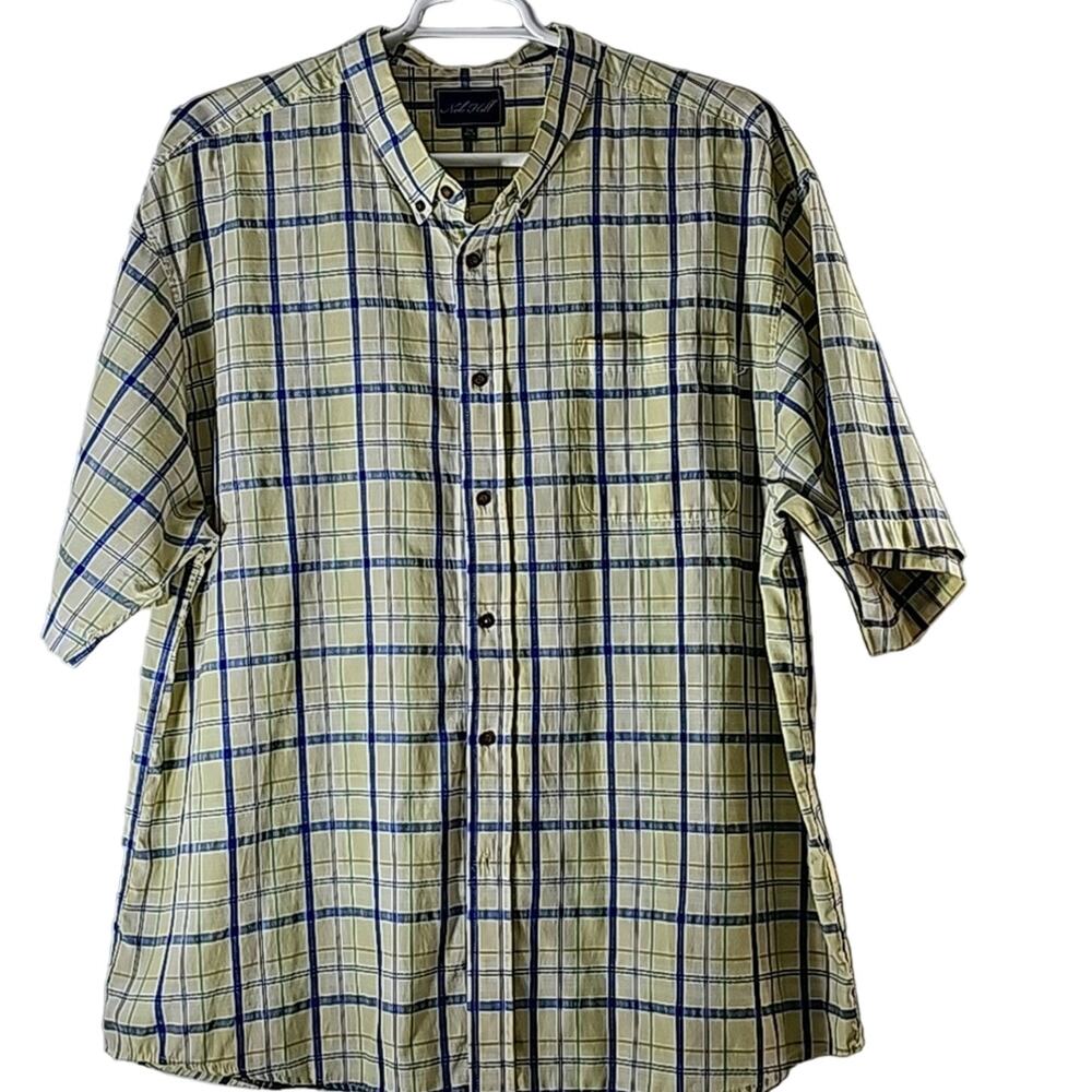 Mens Sz 3XL Yellow Plaid Short Sleeve Business Casual Button Down Shirt Nob Hill